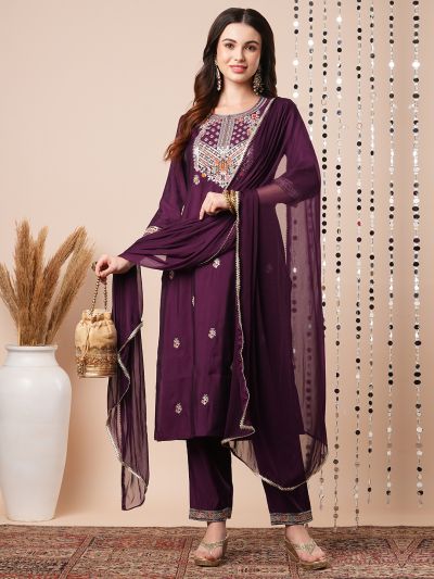 Globus Women Purple Sequinned & Floral Embroidered Yoke Straight Festive Kurta With Pants & Dupatta