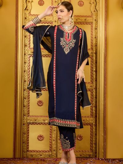 Globus Women Navy Blue Embroidered & Gotta Lace Yoke Straight Paisley Print Hem Kurta, Trousers & Dupatta Festive Set