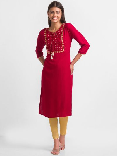 Globus Maroon Embroidered Kurta