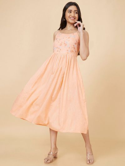 Globus Women Orange Embroidered A-Line Dress