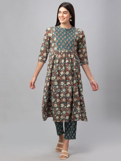 Globus Women Green Mandarin Collar Printed Panelled Kurta Set with Trouser