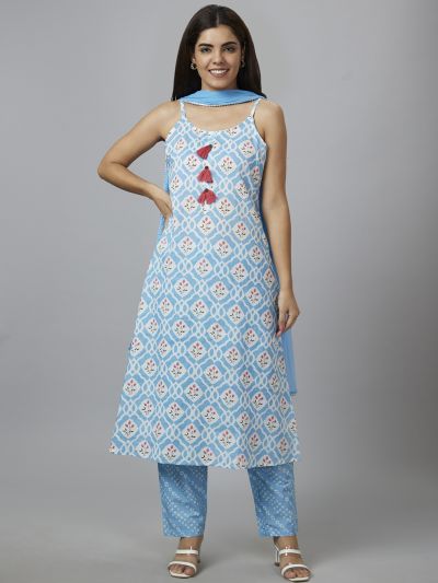 Globus Women Blue Printed Straight Kurta Set with Trouser and Dupatta