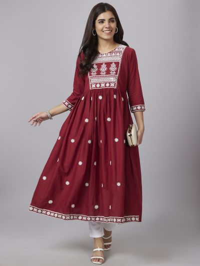 Globus Women Maroon Embroidered Round Neck Fit To Flare Kurta