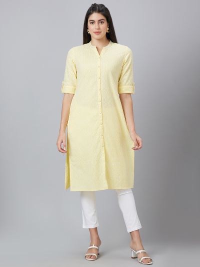 Globus Women Yellow Embroidered Mandarin Collar Straight Kurta