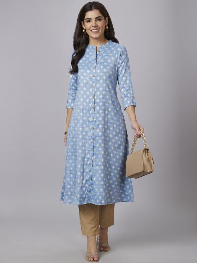 Globus Women Blue Printed Mandarin Collar Straight Kurta