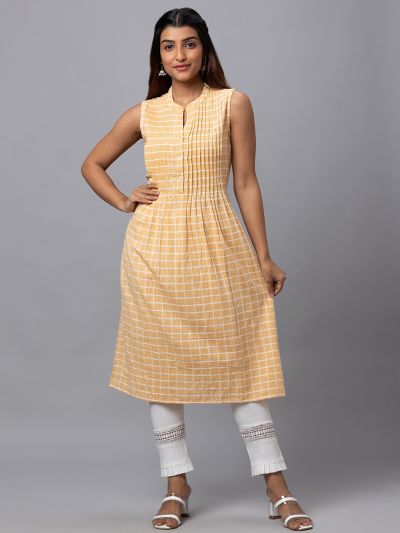 Globus Women Yellow Checked Mandarin Collar Yarn Dyed Fit To Flare Kurta