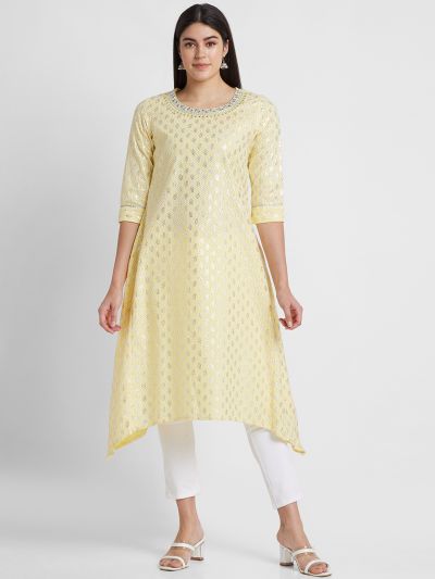 Globus Women Yellow Printed Round Neck A-Line Kurta