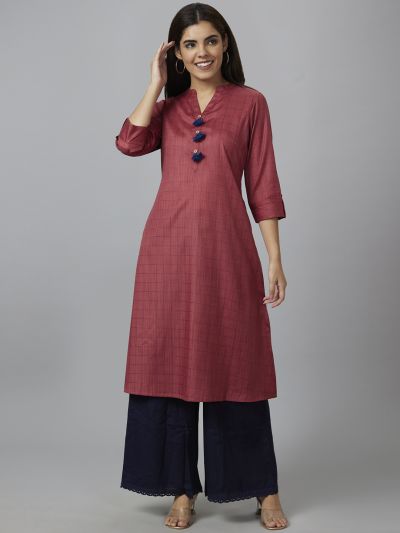 Globus Women Red Checked A-Line Kurta