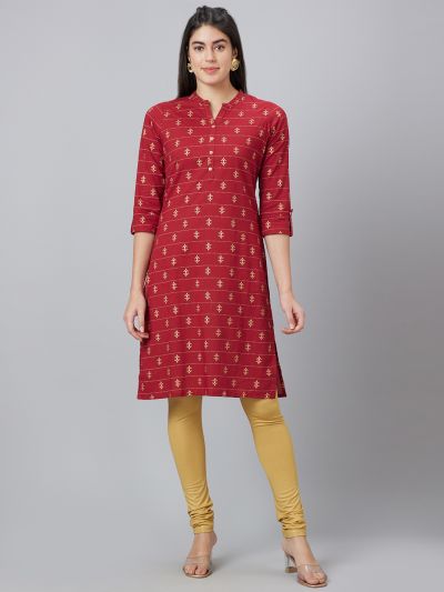 Globus Women Maroon Printed Mandarin Collar Straight Kurta