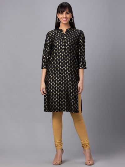 Globus Women Black Mandarin Collar 3/4 Sleeves Gold Printed Straight Kurta