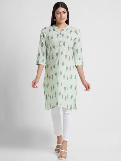 Globus Women Mint Green Printed Mandarin Collar Straight Kurta