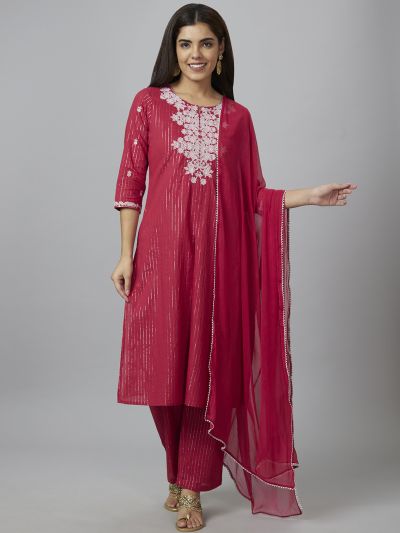 Globus Women Red Embroidered Straight Kurta Set with Palazzo and Dupatta