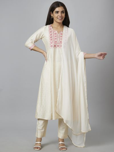 Globus Women Off White Embroidered A-Line Kurta Set with Trouser and Dupatta