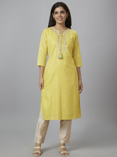 Globus Women Yellow Embroidered Straight Kurta