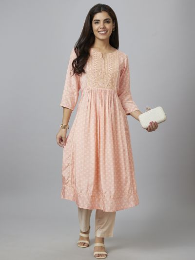 Globus Women Peach Printed Round Neck A-Line Kurta