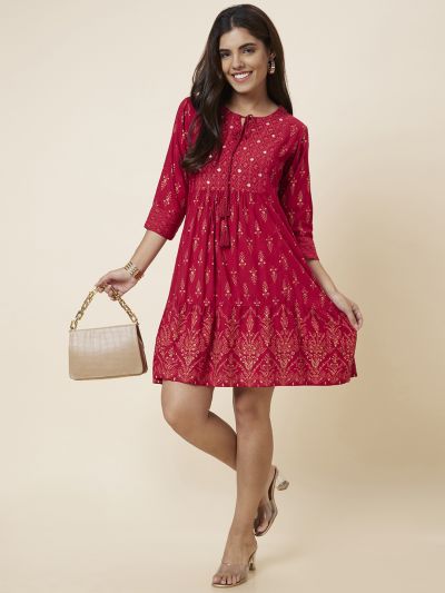 Globus Women Red Printed A-Line Dress