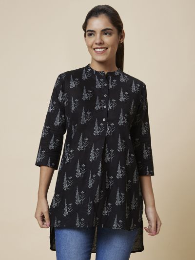 Globus Women Black Mandarin Collar Printed Tunic