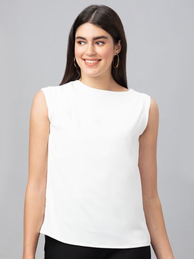 Globus Women White Solid Sleeveless Top