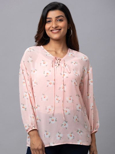 Globus Women Pink Printed Tie-Up Neck Top