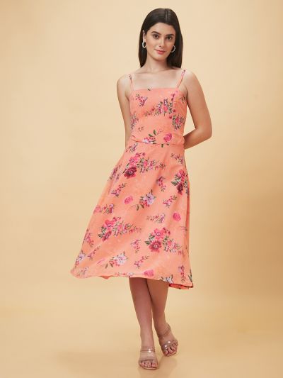 Globus Women Peach Printed Fit and Flare Casual Dress