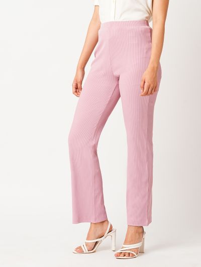 Globus Women Dusty Pink Self Design Stretchable Mid-Rise Rib Knit Slim Fit Workwear Treggings