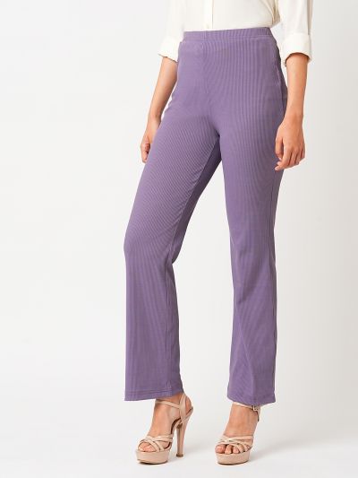 Globus Women Lavender Self Design Stretchable Mid-Rise Rib Knit Slim Fit Workwear Treggings