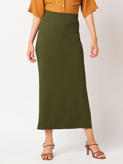 Globus Women Dark Olive High-Rise Stretchable Side Slit Workwear Maxi Pencil Skirt