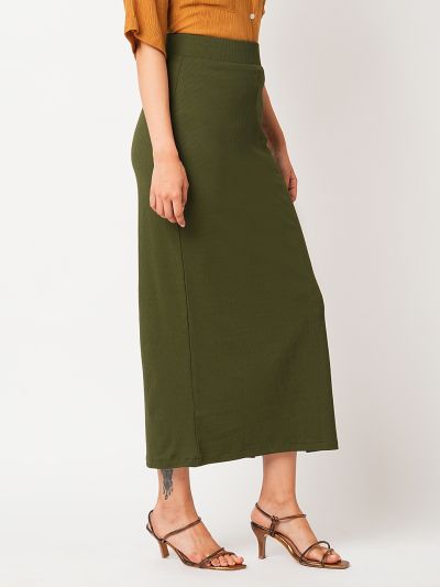 Globus Women Dark Olive High-Rise Stretchable Side Slit Workwear Maxi Pencil Skirt