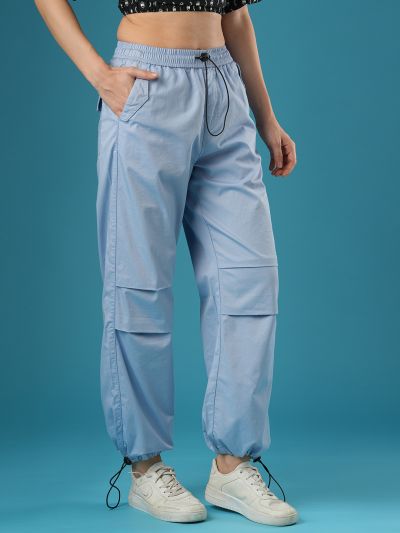 Globus Women Powder Blue Mid-Rise Relaxed Fit Drawstring Waist Toggles Hem Cargo Trousers