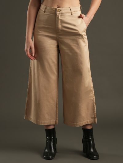 Globus Women Camel Brown Satin Stretchable Mid-Rise Relaxed Fit Flat Front Cropped Wide Leg Formal Trousers