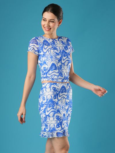 Globus Women Blue Abstract Printed Side Ruched Top & Flounce Hem Mini Pencil Skirt Co-Ord Set