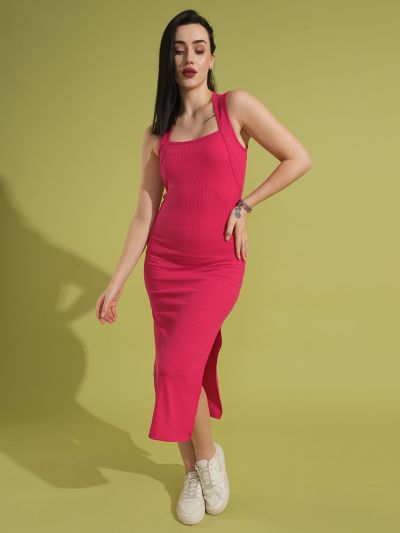 Globus Women Pink Square Neck Ribbed Bodycon Side Slit Midi Party Dress