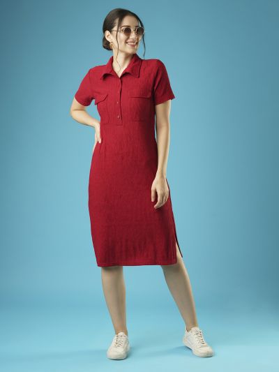 Globus Women Maroon Self Design Shirt Collar Pocket Detail Midi Sheath Workwear Dress