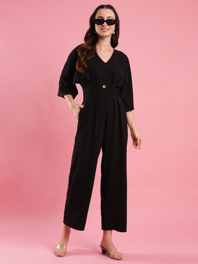 Globus Women Black V-Neck Batwing Sleeves Cut-out detail Long Jumpsuit