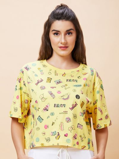 Globus Women Yellow Conversational Print Round Neck Casual Boxy Fit Crop T-Shirt