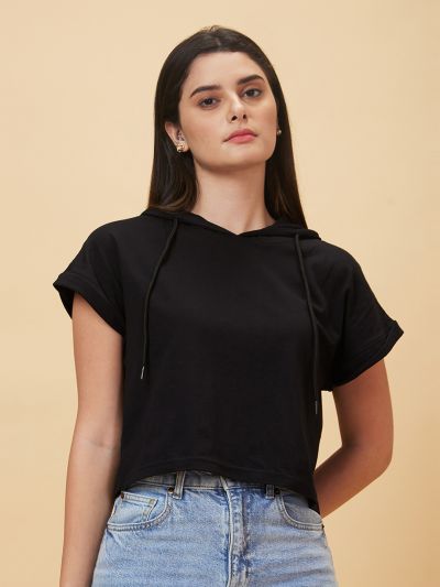 Globus Women Black Solid Hooded Casual Regular Fit T-shirt