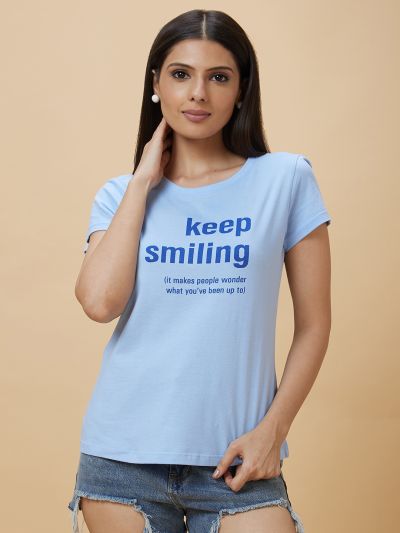 Globus Women Blue Typography Print Round Neck Regular Fit Casual T-Shirt