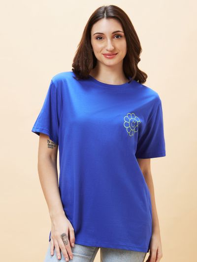 Globus Women Blue Typography Back Print Round Neck Oversized Casual T-Shirt
