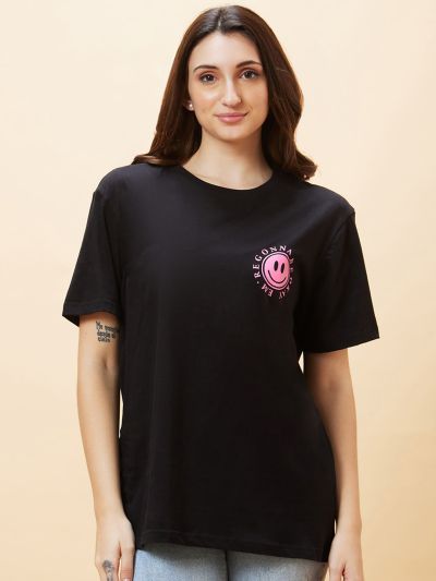 Globus Women Black Typography Back Print Round Neck Oversized Casual T-Shirt