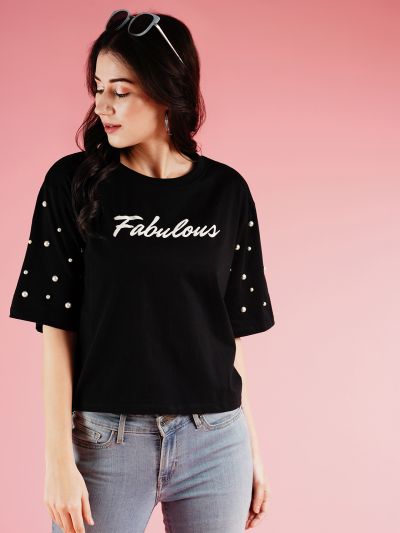 Globus Women Black Studded & Typography Printed Drop Shoulder Boxy T-Shirt