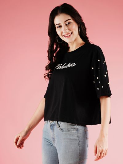 Globus Women Black Studded & Typography Printed Drop Shoulder Boxy T-Shirt