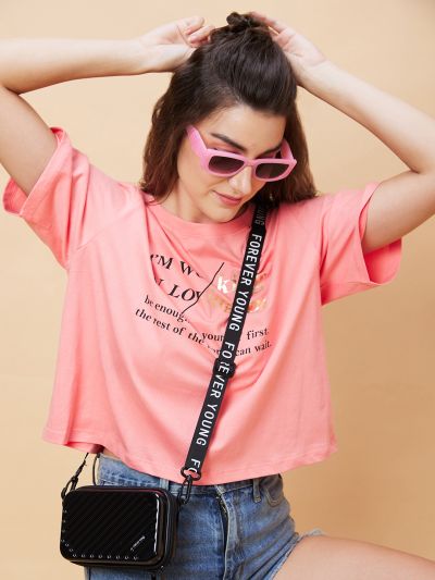 Globus Women Pink Typography Print Round Neck Casual Boxy Fit Crop T-Shirt