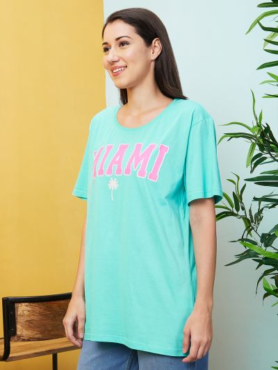 Globus Women Mint Green Typography Print Drop Shoulder Sleeves Oversized Tshirt