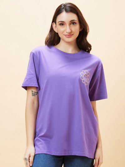 Globus Women Purple Typography Back Print Round Neck Oversized Casual T-Shirt