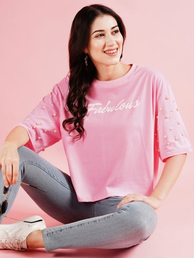 Globus Women Pink Studded & Typography Printed Drop Shoulder Boxy T-Shirt