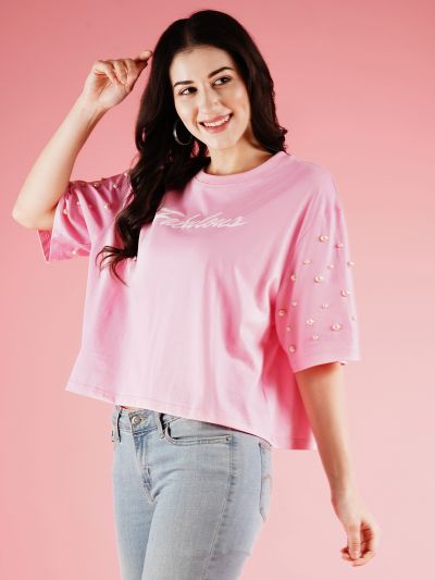 Globus Women Pink Studded & Typography Printed Drop Shoulder Boxy T-Shirt
