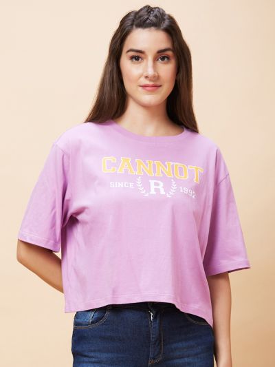 Globus Women Lavender Typography Print Round Neck Casual Boxy Fit Crop T-Shirt