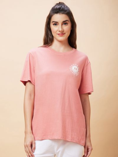 Globus Women Pink Back Typography Print Round Neck Casual Oversized T-Shirt