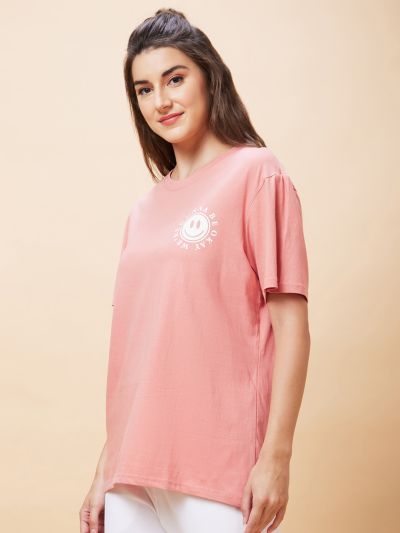 Globus Women Pink Back Typography Print Round Neck Casual Oversized T-Shirt