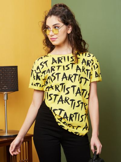 Globus Women Yellow & Black Typography Print Drop Shoulder Boxy Fit T-Shirt